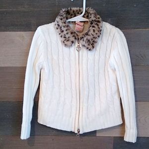 Faded Glory Cable Knit Full Zip Sweater. Girls XS 4/5 Off White, Faux Fur Collar